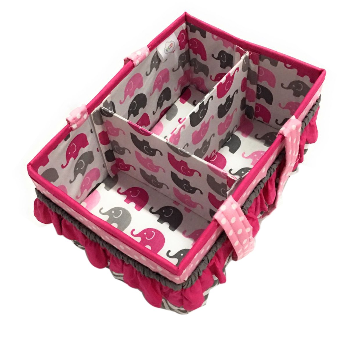 Bacati Elephants Girls Nursery Fabric Storage Caddy with Handles, Pink/Grey