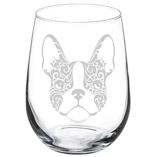 Wine Glass Goblet Frenchie French Bulldog Face Floral (17 oz Stemless)