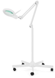 (new model) neatfi bifocals 1,200 lumens super led magnifying floor lamp with 5 wheels rolling base, 5 diopter with 20 diopter, dimmable, adjustable arm magnifier (5 inches, white)