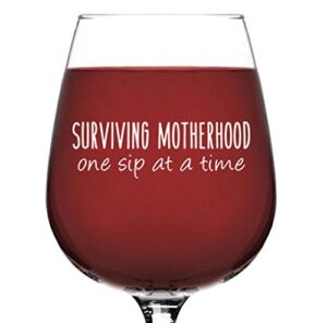 birthday gifts for mom from husband, friend - surviving motherhood funny mom wine glass - best mom gifts for sister, wife, mom, women, daughter - unique gag bday gift idea for new mom, mommy, friends