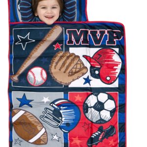 Baby Boom Funhouse MVP Sports Nap Mat Set - Includes Pillow and Fleece Blanket – Great for Boys Napping during Daycare or Preschool - Fits Toddlers, Blue