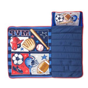 Baby Boom Funhouse MVP Sports Nap Mat Set - Includes Pillow and Fleece Blanket – Great for Boys Napping during Daycare or Preschool - Fits Toddlers, Blue