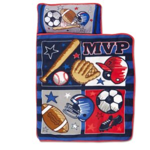 Baby Boom Funhouse MVP Sports Nap Mat Set - Includes Pillow and Fleece Blanket – Great for Boys Napping during Daycare or Preschool - Fits Toddlers, Blue