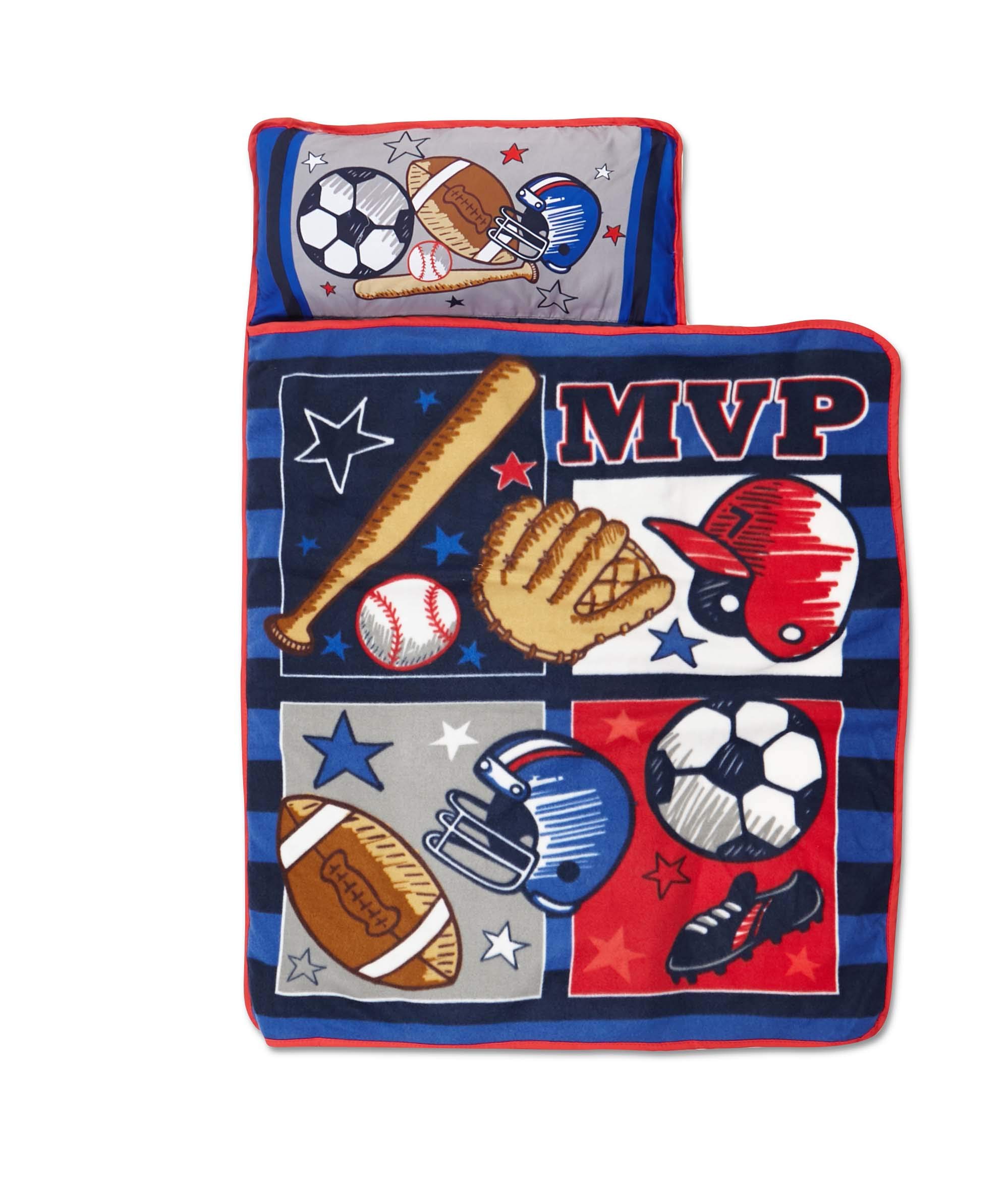 Baby Boom Funhouse MVP Sports Nap Mat Set - Includes Pillow and Fleece Blanket – Great for Boys Napping during Daycare or Preschool - Fits Toddlers, Blue