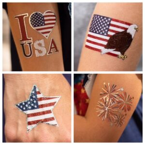 24 patriotic temporary tattoos | 4th of july party supplies | usa party favors and fourth of july party decorations | metallic american flag red white and blue fake tattoos | by john & judy