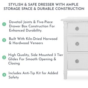 Evolur Julienne Double Dresser In Brush White, Comes With Six Spacious Drawers, Included Anti-Tip Kit, Dresser For Nursery, Bedroom, Wooden Nursery Furniture