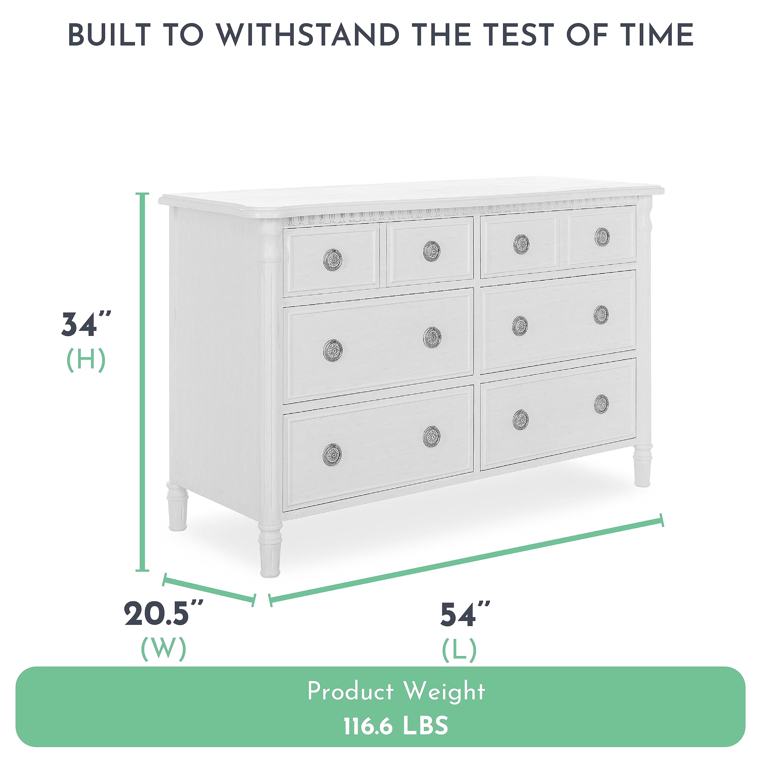 Evolur Julienne Double Dresser In Brush White, Comes With Six Spacious Drawers, Included Anti-Tip Kit, Dresser For Nursery, Bedroom, Wooden Nursery Furniture