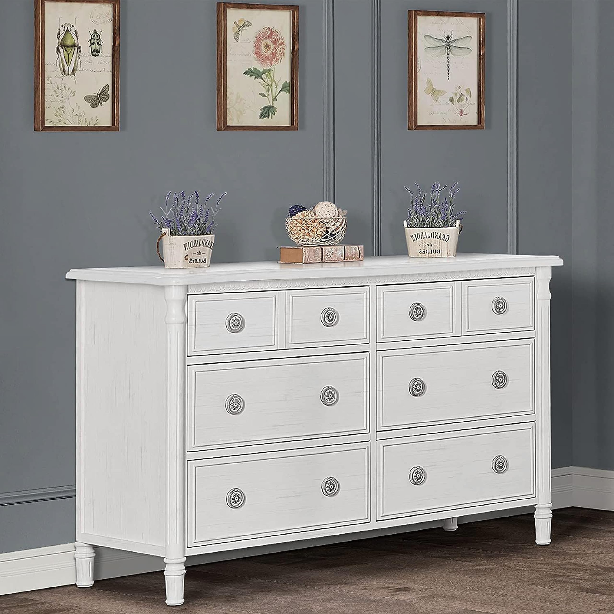 Evolur Julienne Double Dresser In Brush White, Comes With Six Spacious Drawers, Included Anti-Tip Kit, Dresser For Nursery, Bedroom, Wooden Nursery Furniture