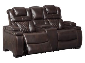 signature design by ashley warnerton faux leather power reclining loveseat with center console, brown