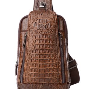 FiveloveTwo Mens Sling Bags Crocodile PU Shoulder Crossbody Chest Bag Satchels Hiking Daypack Dark Brown