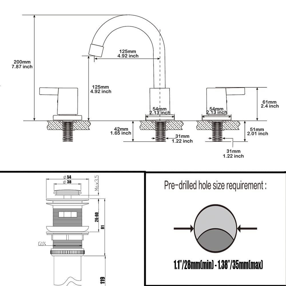 Phiestina 2 Handle 3 Hole 8 Inch Widespread Bathroom Faucet with Metal Pop-Up Drain, Brushed Nickel, WF015-1-BN