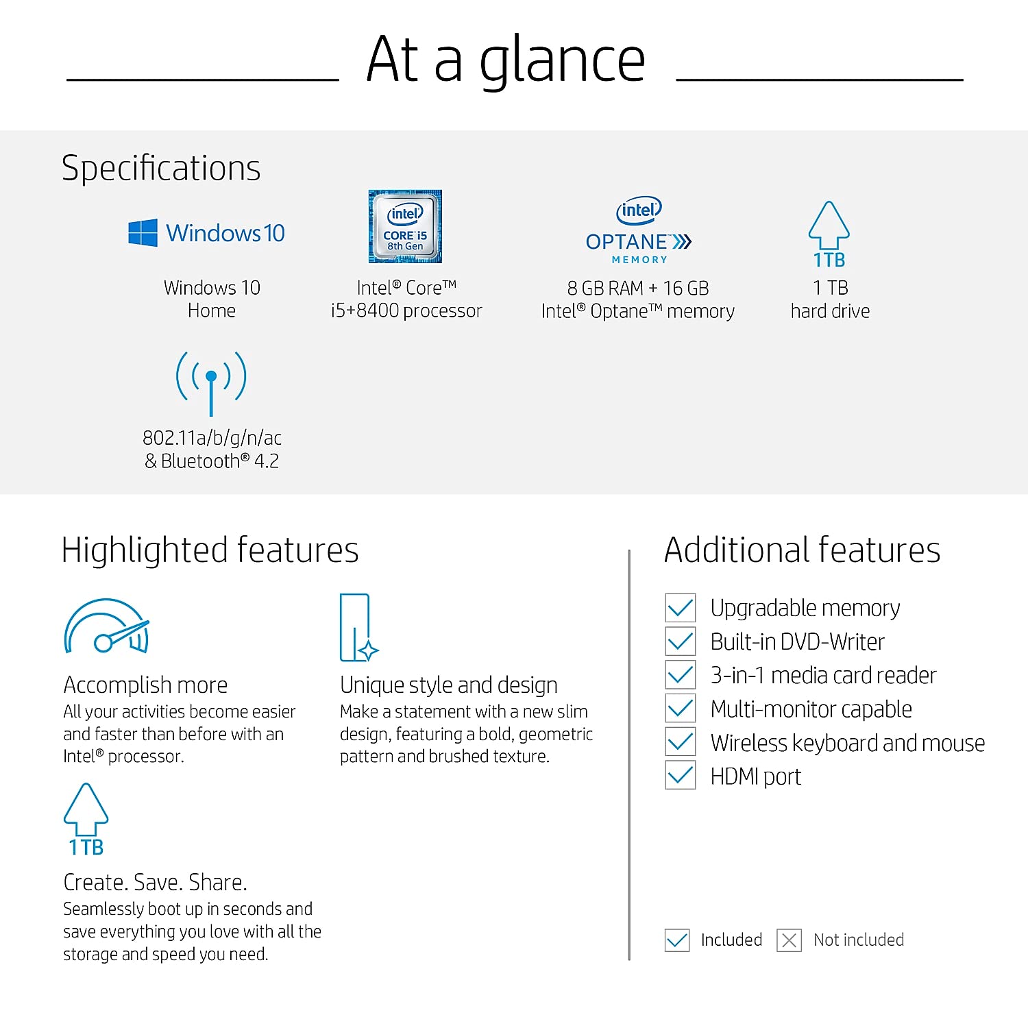 HP Pavilion (590-p0050) Desktop Computer with Intel Core i5+8400 Processor, 8GB RAM and 16 GB Intel Optane Memory, 1TB Hard Drive, Windows 10 (Silver)