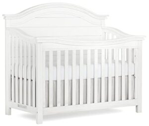 evolur belmar curve 5-in-1 convertible crib in weathered white, greenguard gold certified, features 3 mattress height settings, crafted from hardwood, wooden nursery furniture