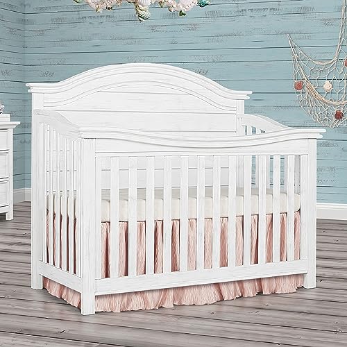 Evolur Belmar Curve 5-in-1 Convertible Crib in Weathered White, Greenguard Gold Certified, Features 3 Mattress Height Settings, Crafted from Hardwood, Wooden Nursery Furniture