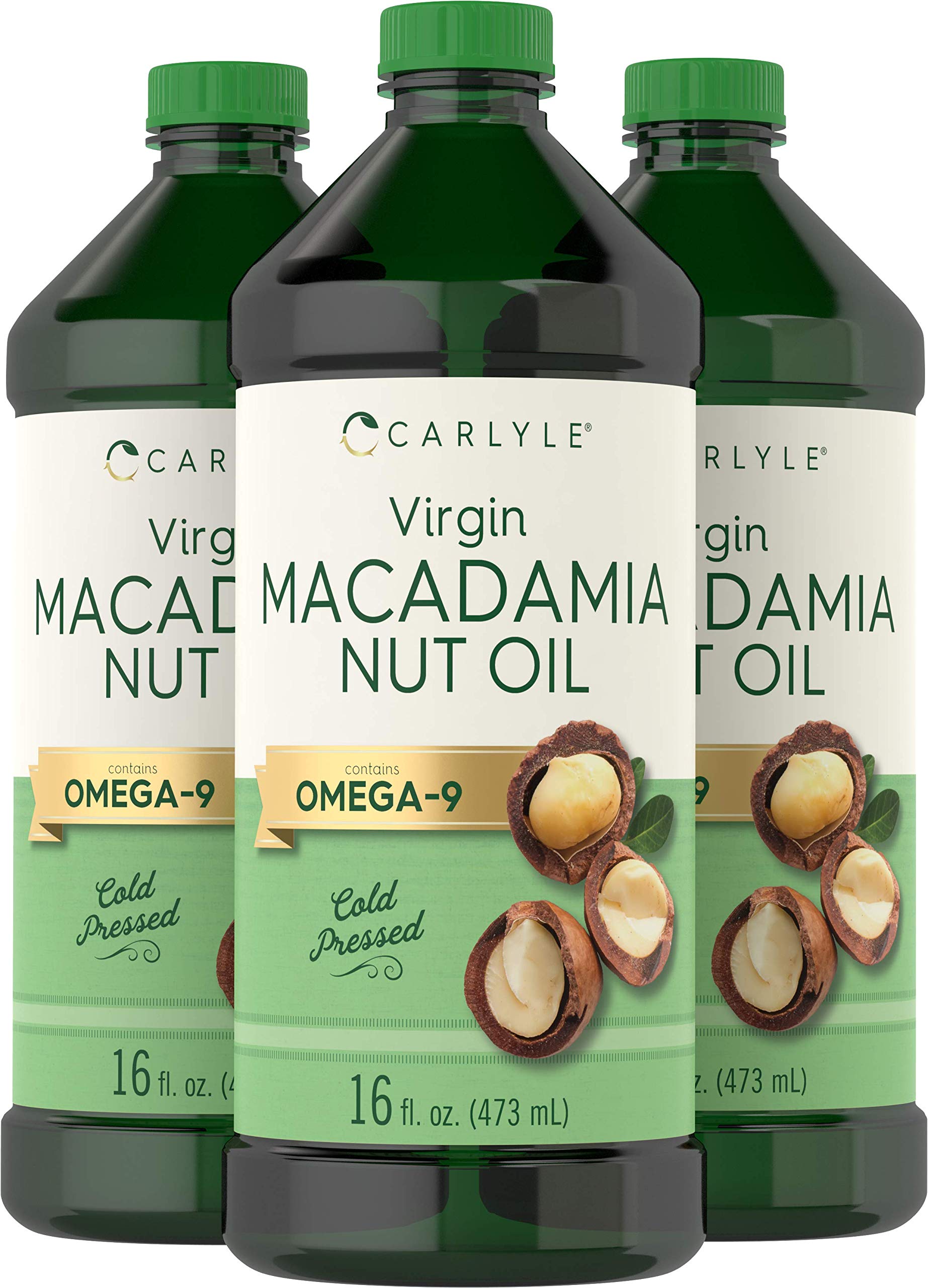 Carlyle Macadamia Nut Oil | 3 x 16 oz Bottles | Premium Cold Pressed | Food Grade | Vegetarian, Non-GMO, Gluten Free | Virgin Oil | Safe for Cooking, Great for Hair and Skin