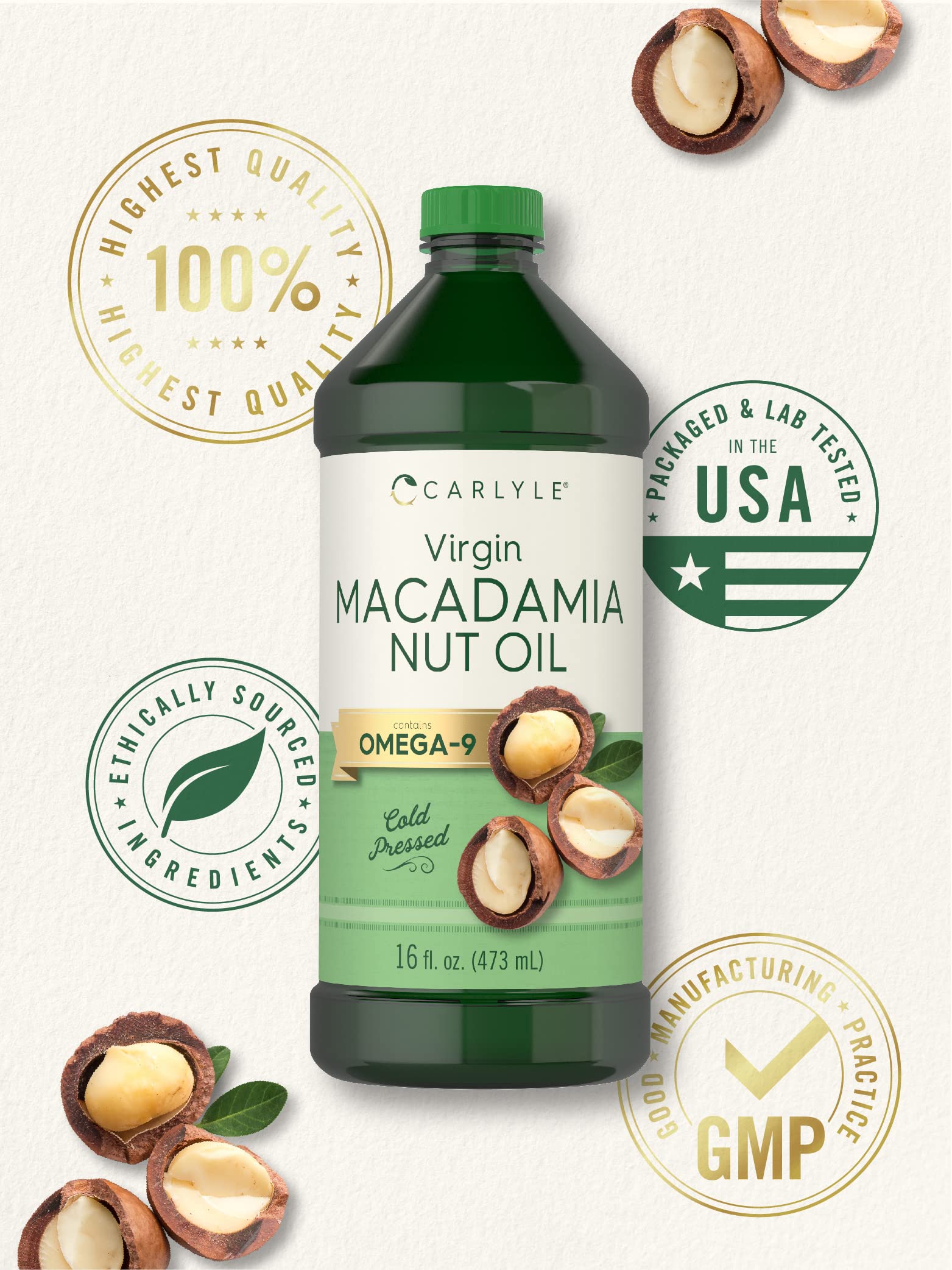 Carlyle Macadamia Nut Oil | 3 x 16 oz Bottles | Premium Cold Pressed | Food Grade | Vegetarian, Non-GMO, Gluten Free | Virgin Oil | Safe for Cooking, Great for Hair and Skin