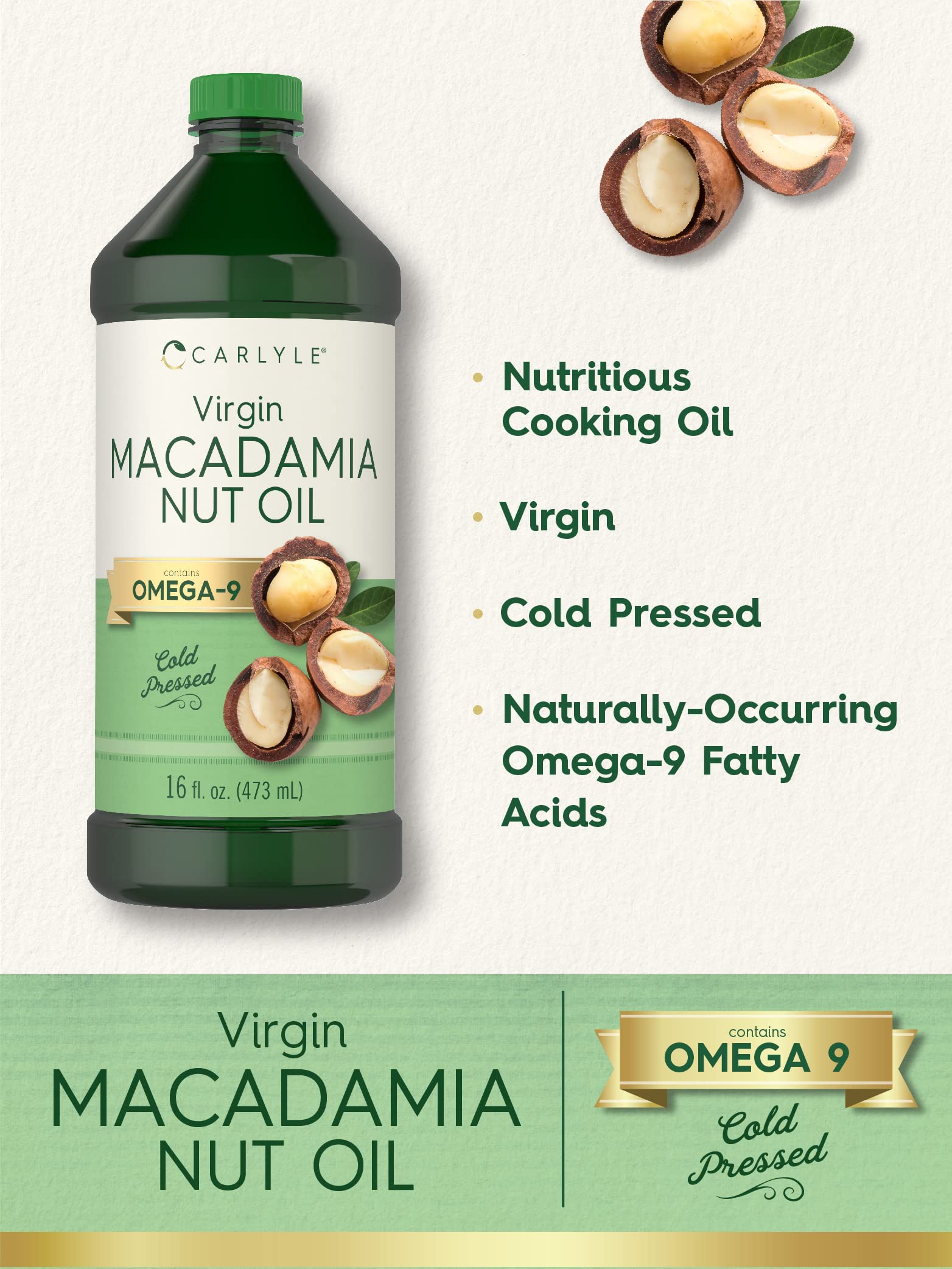 Carlyle Macadamia Nut Oil | 3 x 16 oz Bottles | Premium Cold Pressed | Food Grade | Vegetarian, Non-GMO, Gluten Free | Virgin Oil | Safe for Cooking, Great for Hair and Skin