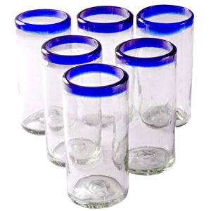 orion cobalt blue rim tall tumbler - 22 oz - set of 6 - handmade mexican glassware | hand blown | vibrant colors | restaurant grade | lead-free drinking glasses