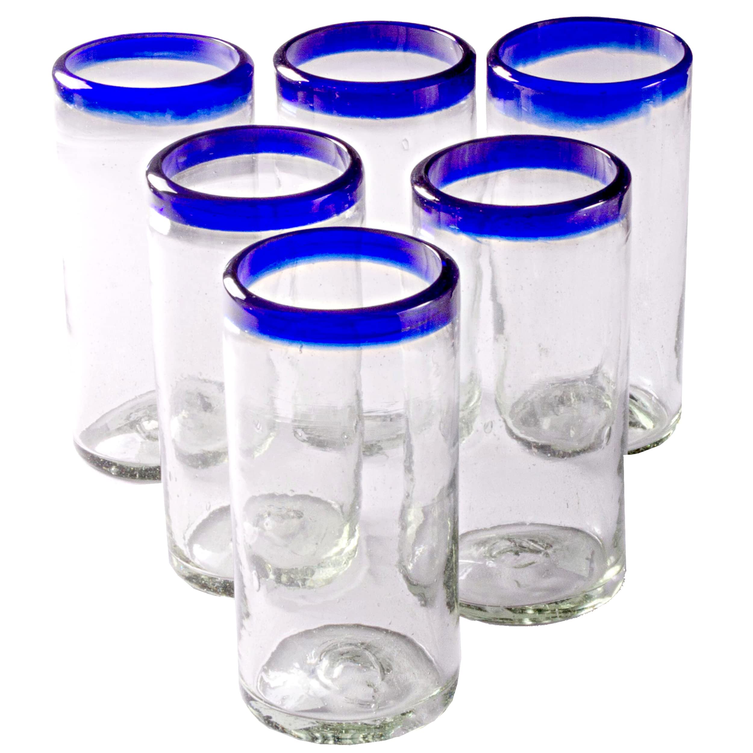 Orion Cobalt Blue Rim Tall Tumbler - 22 oz - Set of 6 - Handmade Mexican Glassware | Hand blown | Vibrant Colors | Restaurant Grade | Lead-Free Drinking Glasses