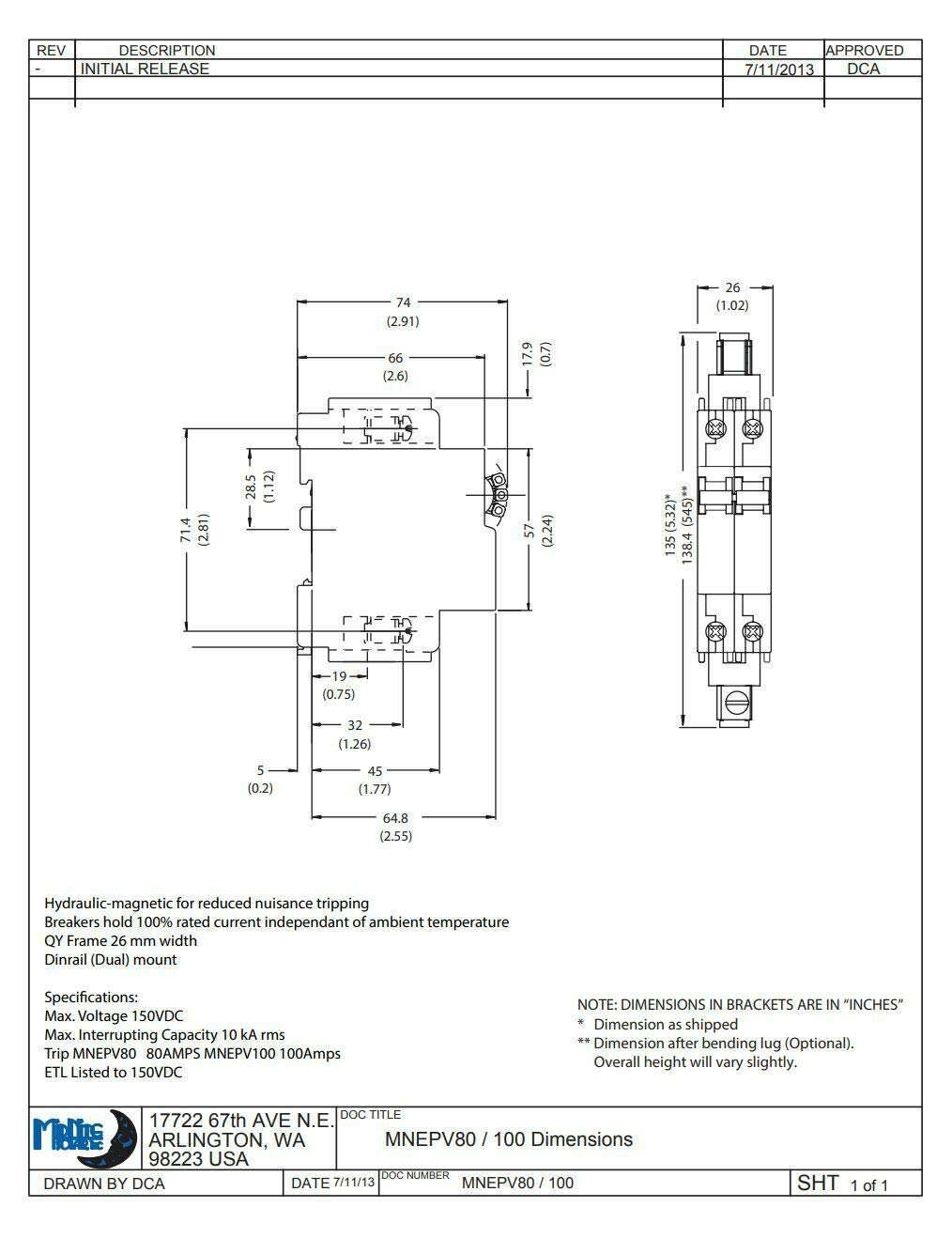 MidNite Solar MNEPV80 DIN Circuit Breaker 80A 150VDC