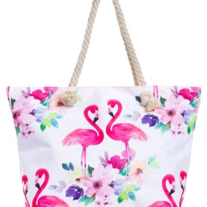 Leisureland Large Beach Tote Bag, Top Zipper Boat Bag (Flamingo)