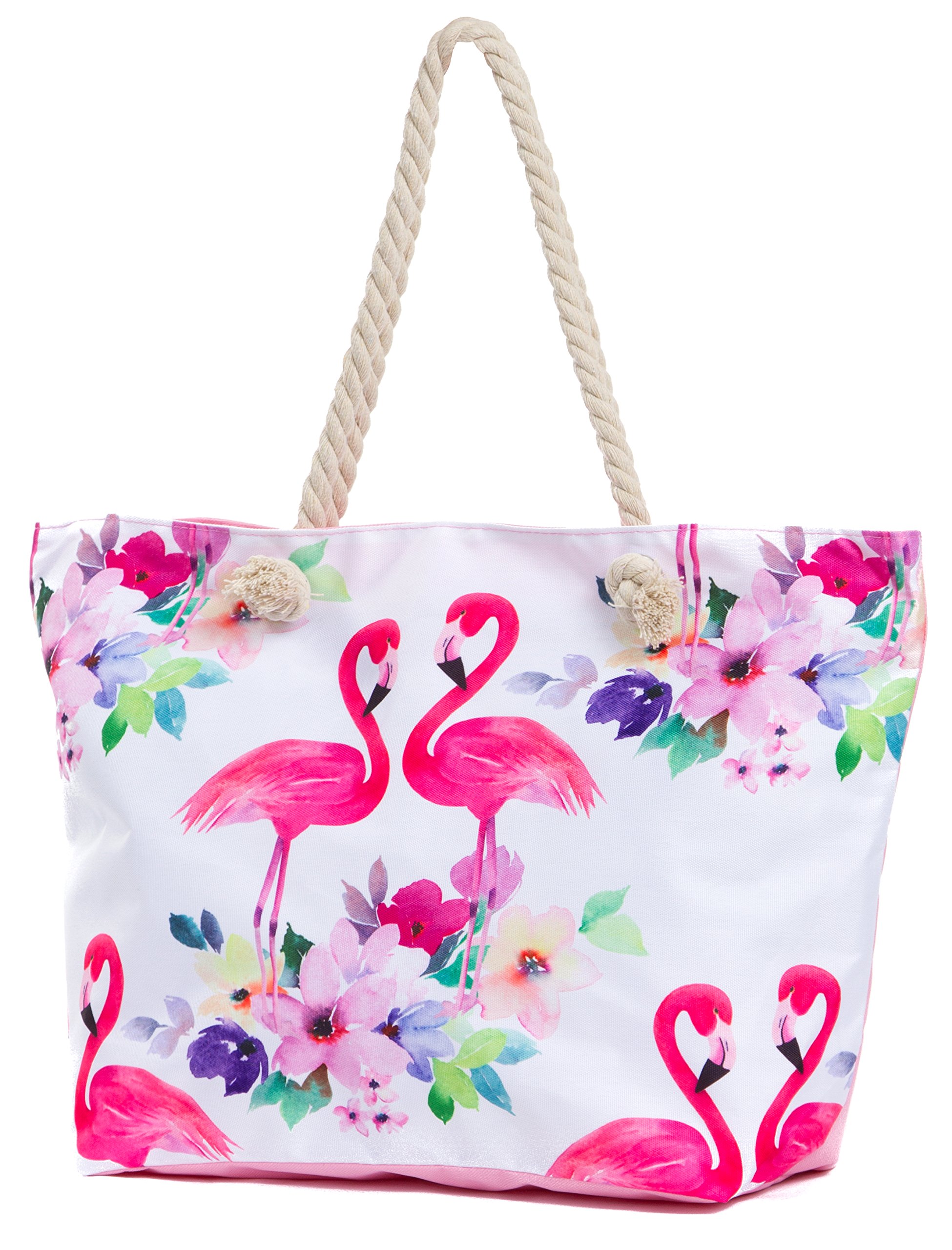 Leisureland Large Beach Tote Bag, Top Zipper Boat Bag (Flamingo)