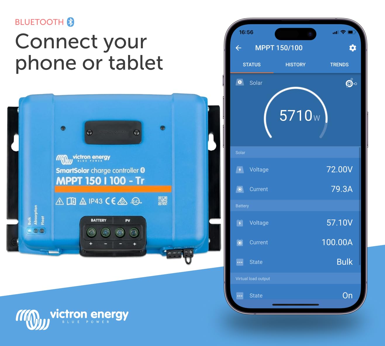 Victron Energy SmartSolar MPPT Tr 150V 100 amp 12/24/36/48-Volt Solar Charge Controller (Bluetooth)