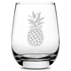 integrity bottles tropical pineapple design stemless wine glass, handmade, handblown, hand etched gifts, sand carved, 16oz