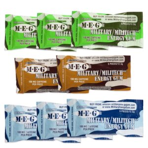meg - military energy gum | 100mg of caffeine per piece + increase energy + boost physical performance + multi flavors of arctic mint , spearmint, & cinnamon + 8 packs (40 count)