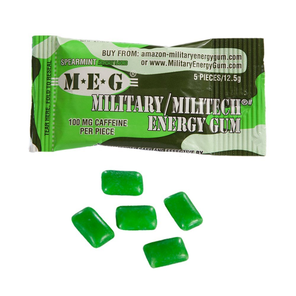 MEG - Military Energy Gum | 100mg of Caffeine Per Piece + Increase Energy + Boost Physical Performance + Multi Flavors of Arctic Mint , Spearmint, & Cinnamon + 8 Packs (40 Count)