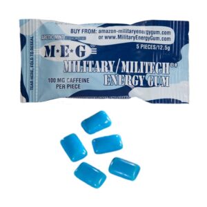 MEG - Military Energy Gum | 100mg of Caffeine Per Piece + Increase Energy + Boost Physical Performance + Multi Flavors of Arctic Mint , Spearmint, & Cinnamon + 8 Packs (40 Count)