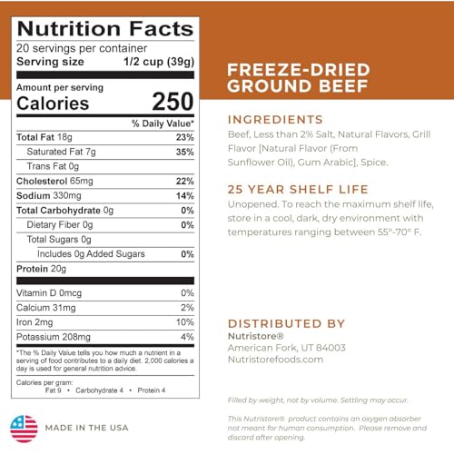 Nutristore Freeze Dried Ground Beef | Pre-Cooked Hamburger Meat for Backpacking, Camping, Meal Prep | Long Term Survival Emergency Food Supply | 25 Year Shelf Life | Bulk #10 Can | Made in USA