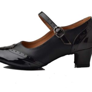 TDA Women's Comfort Low Heels Black PU Leather Mary Janes Latin Modern Dance Shoes 8 US