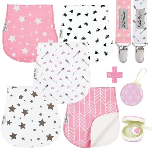 Dodo Babies 5-Pack Baby Burp Cloths – Soft, Absorbent Organic Muslin Burp Cloths – Includes Pacifier Case and 2 Pacifier Clips – Colors: Pink, White and Grey