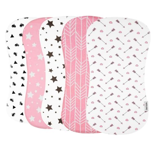 Dodo Babies 5-Pack Baby Burp Cloths – Soft, Absorbent Organic Muslin Burp Cloths – Includes Pacifier Case and 2 Pacifier Clips – Colors: Pink, White and Grey