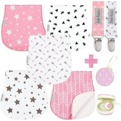 Dodo Babies 5-Pack Baby Burp Cloths – Soft, Absorbent Organic Muslin Burp Cloths – Includes Pacifier Case and 2 Pacifier Clips – Colors: Pink, White and Grey