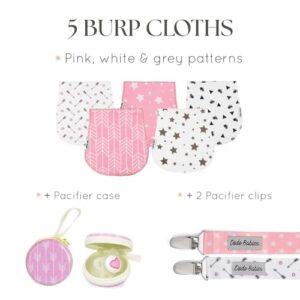 Dodo Babies 5-Pack Baby Burp Cloths – Soft, Absorbent Organic Muslin Burp Cloths – Includes Pacifier Case and 2 Pacifier Clips – Colors: Pink, White and Grey