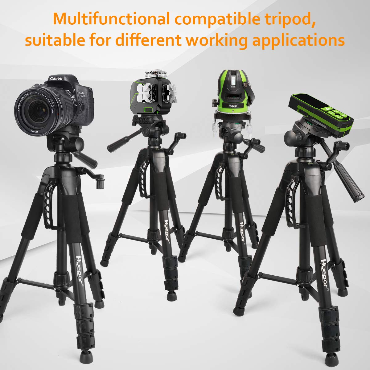 Huepar Lightweight TPD14 56" Adjustable Laser Level Tripod with 3-Way Swivel Pan Head, Quick Release Plate with 1/4" Screw Mount, Bubble Level, Multi-Function Hook and 5/8" UNF Adapter Nut