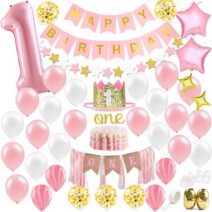 Baby Girl First Birthday Decorations - 1st Birthday Girl Decoration Pink Gold Party Supplies - Happy First Birthday Banner, Number 1 Balloon and Crown, Balloon Arch, High Chair Banner, ONE Cake Topper