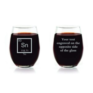 double sided custom engraved tin 10th anniversary periodic table of elements stemless wine glass