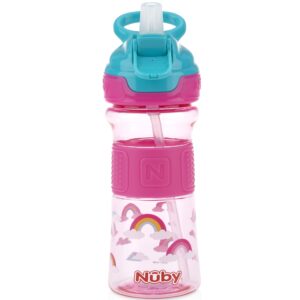nuby thirsty kids push button flip-it soft spout on the go water bottle with easy grip band, pink rainbows, 12 ounce