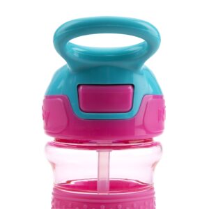 Nuby Thirsty Kids Push Button Flip-it Soft Spout on The Go Water Bottle with Easy Grip Band, Pink Rainbows, 12 Ounce