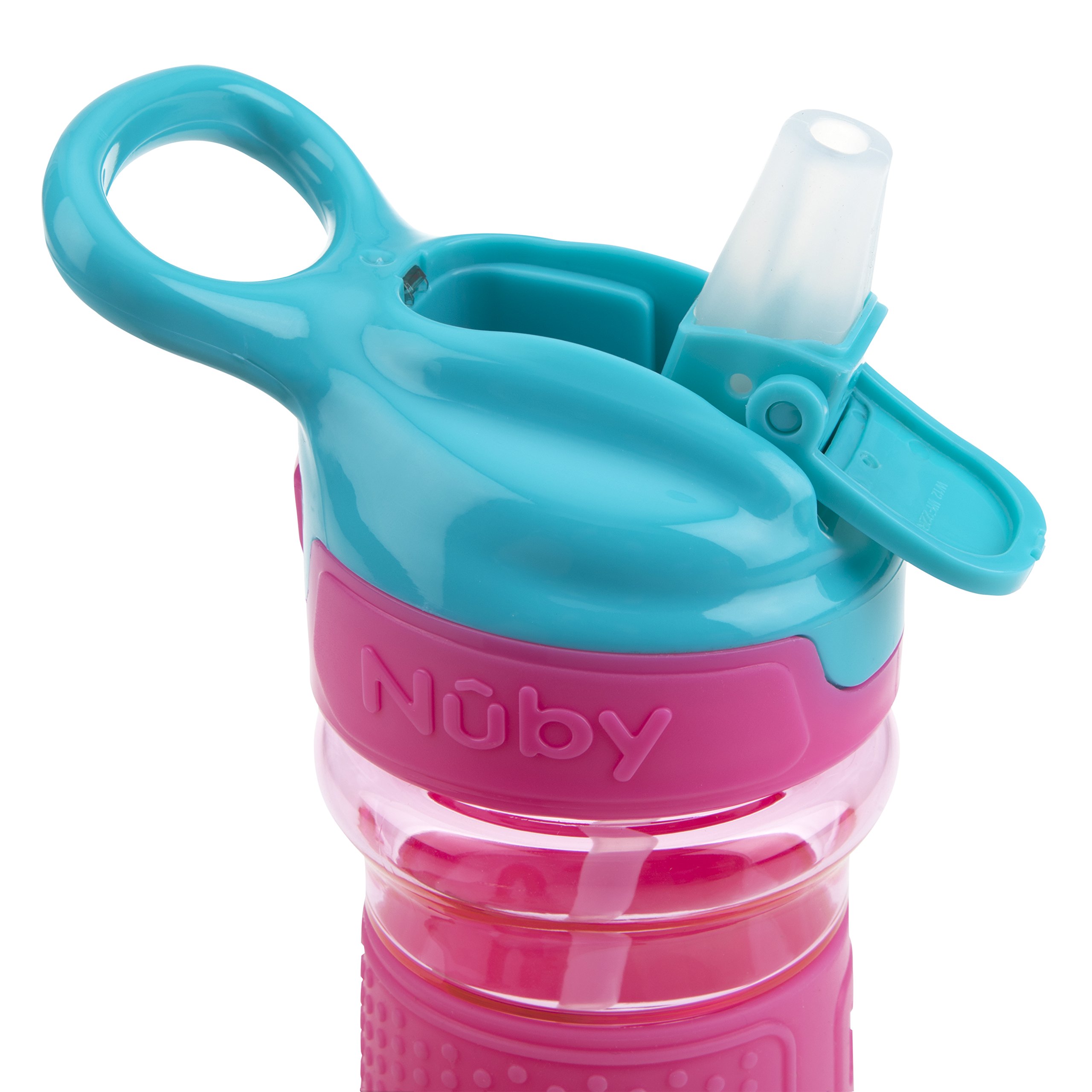 Nuby Thirsty Kids Push Button Flip-it Soft Spout on The Go Water Bottle with Easy Grip Band, Pink Rainbows, 12 Ounce