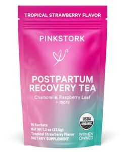 pink stork postpartum recovery herbal tea, organic red raspberry leaf with chamomile, hormone balance for women after labor and delivery, strawberry passion, caffeine-free, 15 sachets