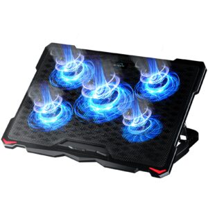 aicheson laptop cooling pad 5 fans up to 17.3 inch heavy notebook cooler, blue led lights, 2 usb ports, s035, blue-5fans