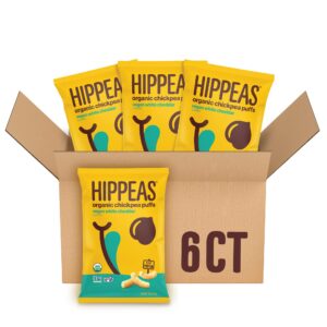 hippeas organic chickpea puffs, vegan white cheddar, 4 ounce (pack of 6), 4g protein, 3g fiber, vegan, gluten-free, crunchy, plant protein snacks
