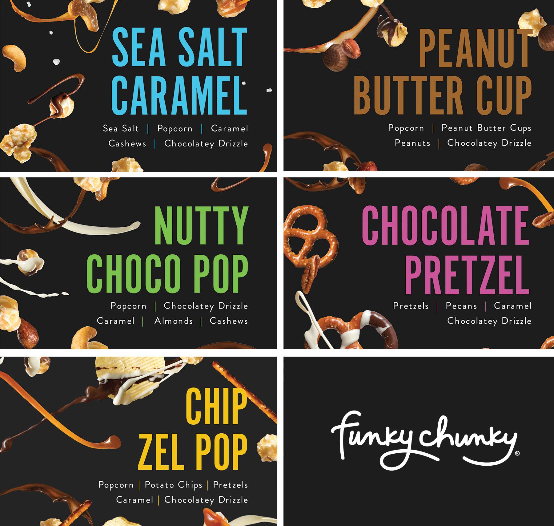 Funky Chunky Gourmet Popcorn Sampler Variety Pack with all 5 flavors: Sea Salt Caramel, Nutty Choco Pop, Peanut Butter Cup, Chip Zel Pop, and Chocolate Pretzel, 2 oz (5 Bags)