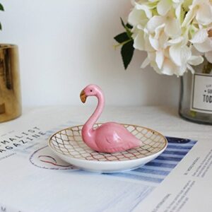 Luxury Porcelain Adorable Flamingos Jewelry Ring Holder - Ceramic Display - Rack Jewelry Dish Organizer – Perfect for Hold Rings - Chain Bracelets Earrings Trays Dish, Grid Disk-Pink