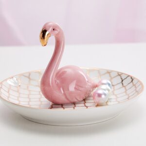 Luxury Porcelain Adorable Flamingos Jewelry Ring Holder - Ceramic Display - Rack Jewelry Dish Organizer – Perfect for Hold Rings - Chain Bracelets Earrings Trays Dish, Grid Disk-Pink