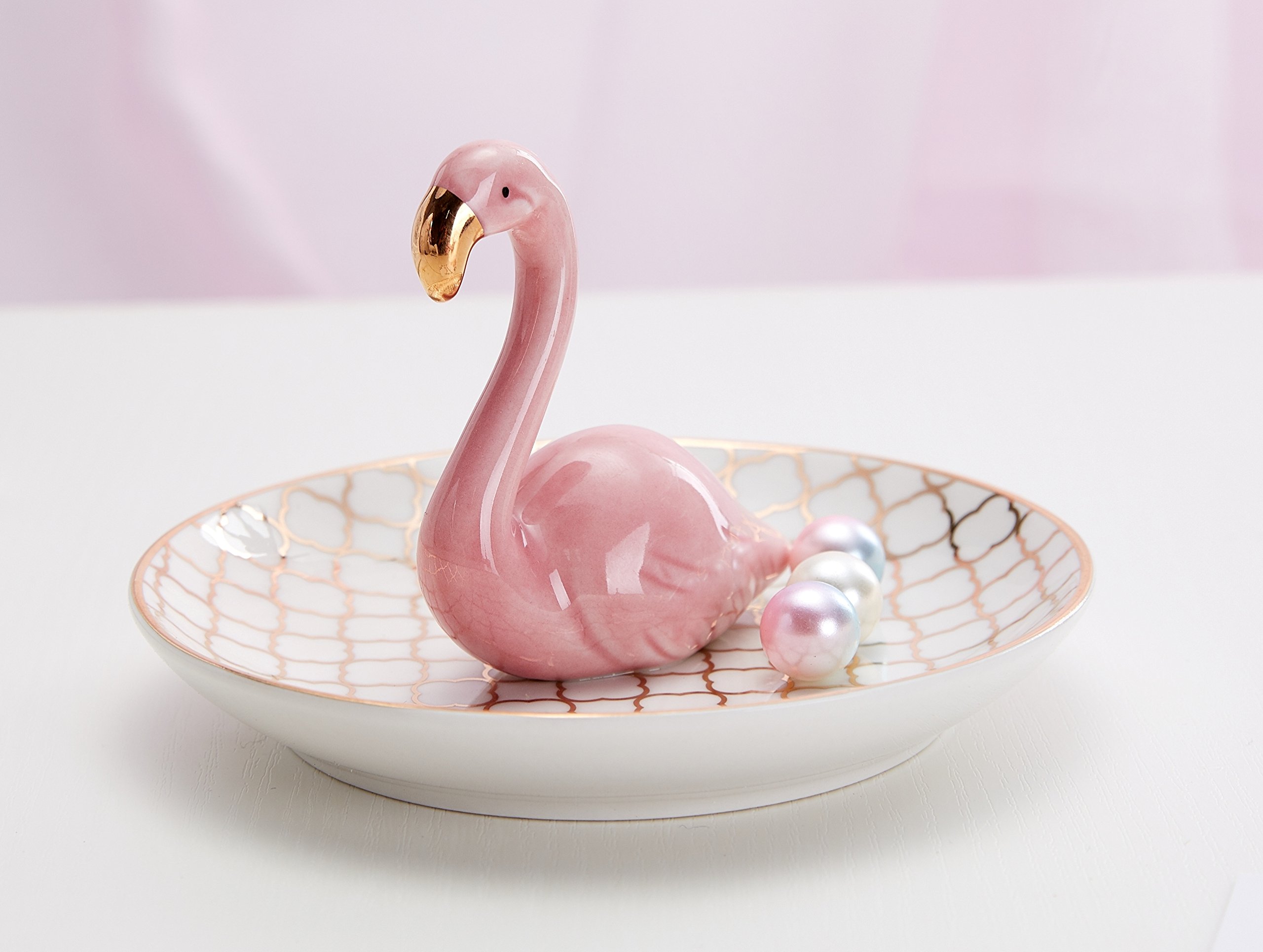 Luxury Porcelain Adorable Flamingos Jewelry Ring Holder - Ceramic Display - Rack Jewelry Dish Organizer – Perfect for Hold Rings - Chain Bracelets Earrings Trays Dish, Grid Disk-Pink